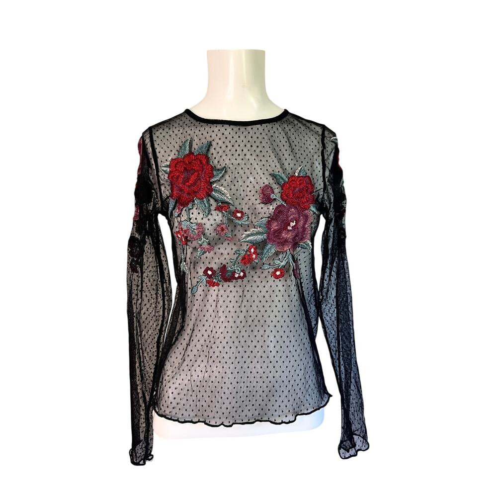 American Eagle Sheer Mesh Floral Boho Top Embroidered Sz Small
